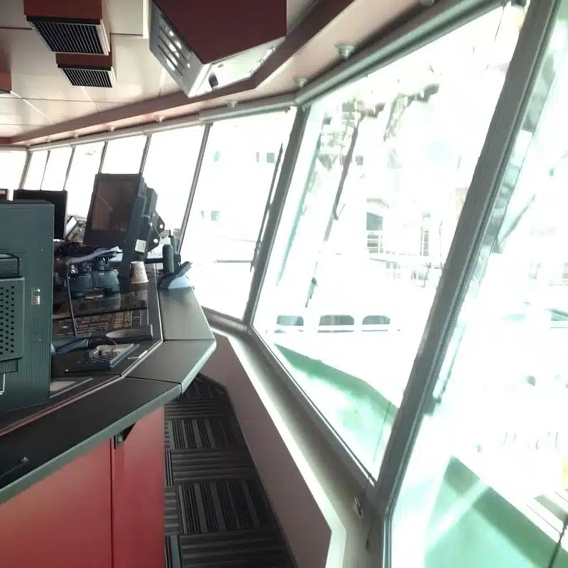 NaviGlare anti-shatter bomb blast protection film installed on marine bridge windows of boats, ships, and vessels.