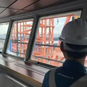 NaviGlare bomb blast and impact-resistant safety film installed on marine vessel bridge windows.